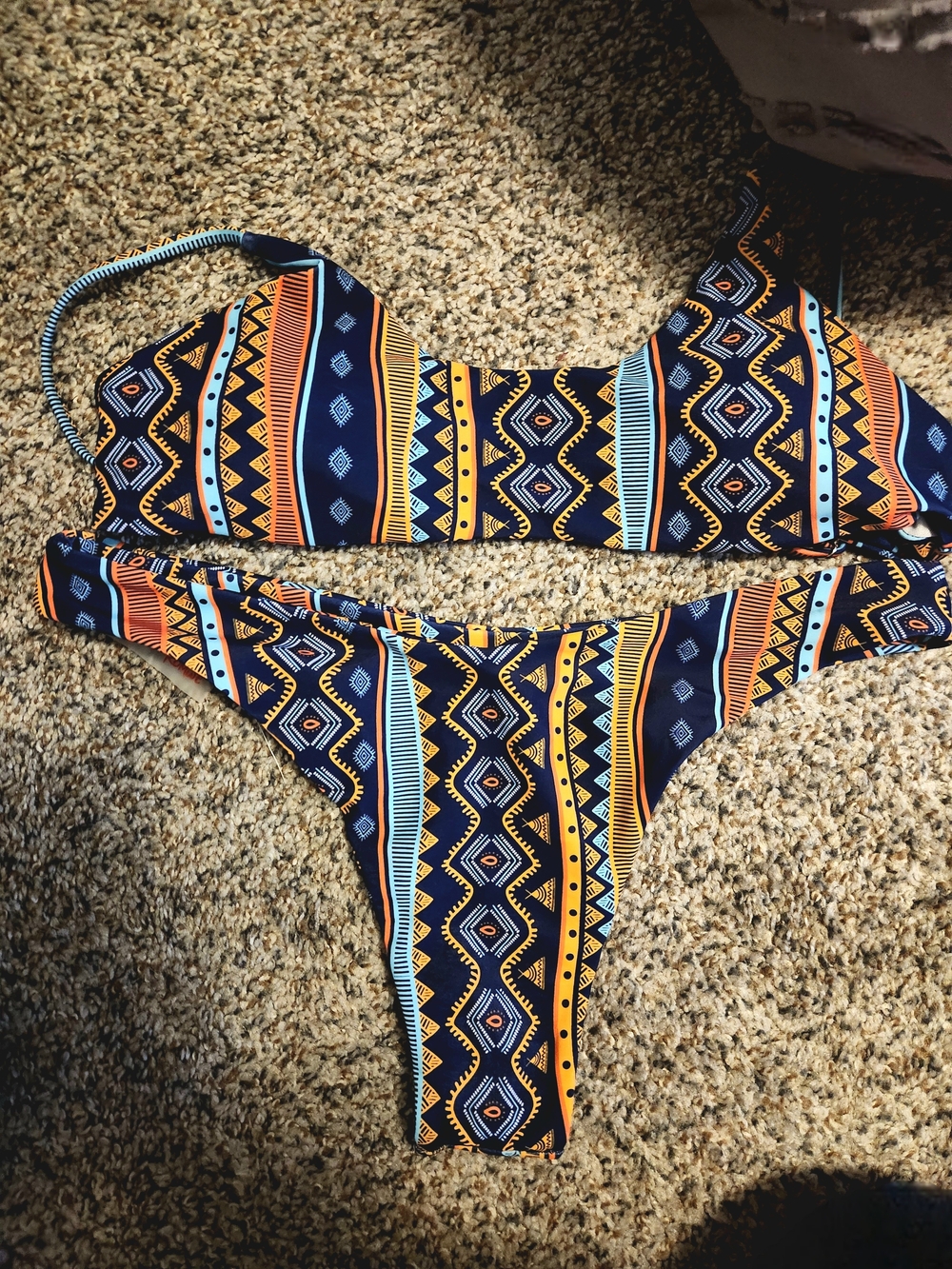 ROMWE Navy Aztec Stripe Bikini Set with Orange & Light Blue Accents